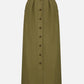 The Midday Sun Nija Skirt by Blaze Milano features a palm green hue, high-rise waist, ankle length, front button closure, waist pleats, and side pockets in breathable linen.