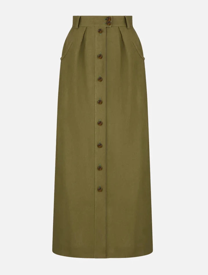 The Midday Sun Nija Skirt by Blaze Milano features a palm green hue, high-rise waist, ankle length, front button closure, waist pleats, and side pockets in breathable linen.