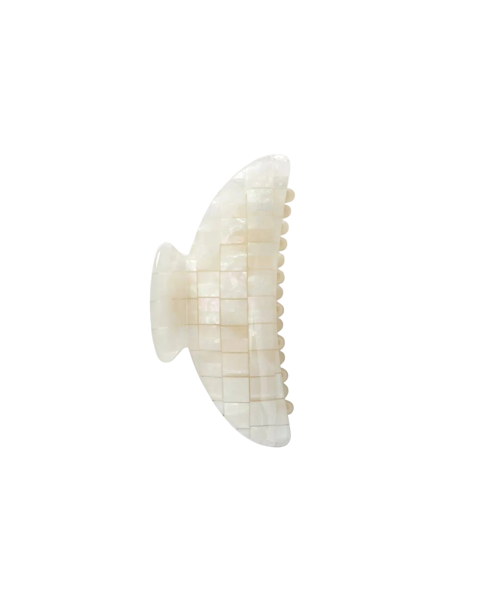 The Midi Heirloom Claw by Machete is a white, iridescent hair claw clip made from premium Italian acetate with a tiled, mosaic-like surface, shown against a plain white background.