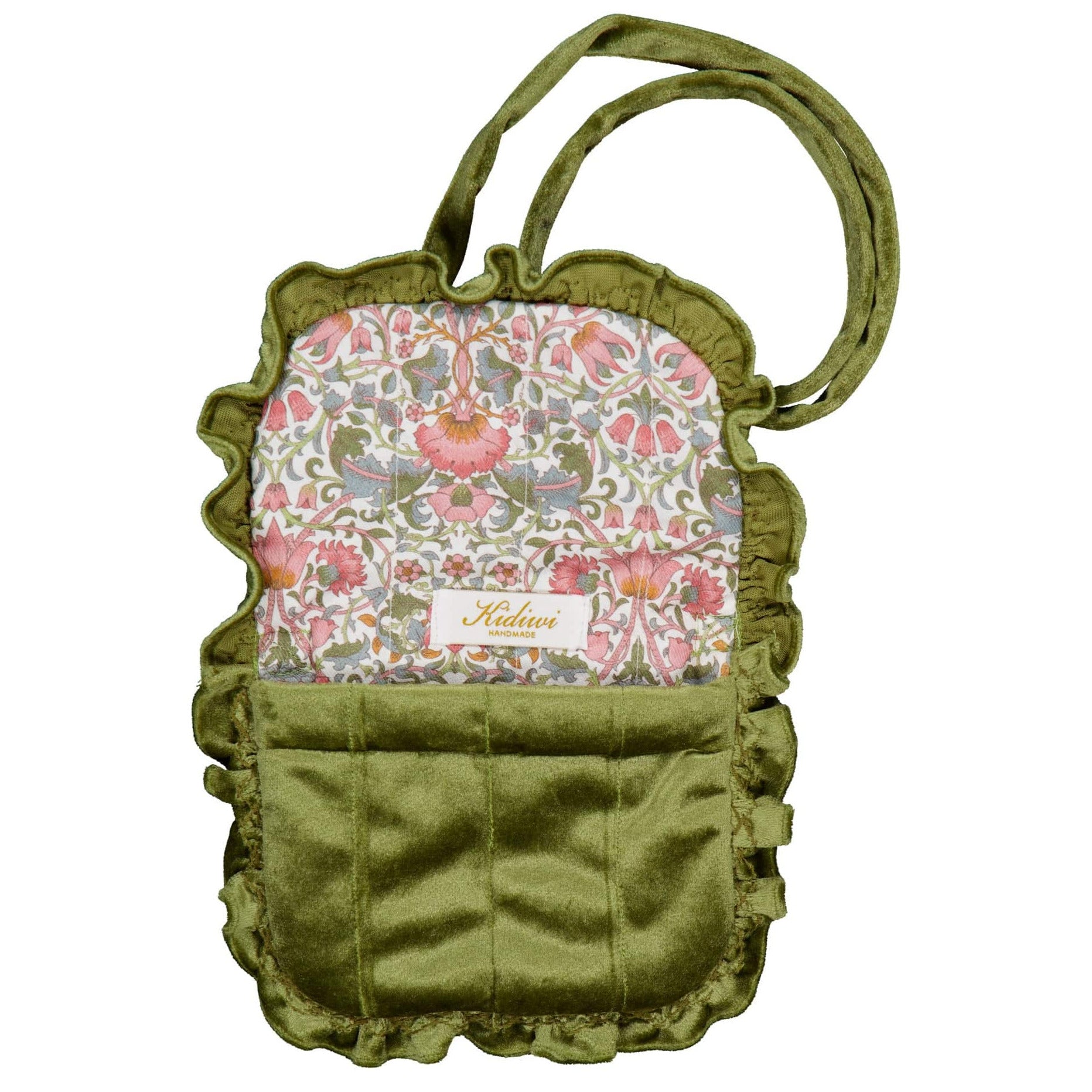 The Mimosa Smocked Shoulder Bag by Kidiwi features green fabric with ruffled edges, a floral front panel, olive velvet accents, multiple compartments, and a small "Kaduvi" label. Part of our Winter 2025 collection.