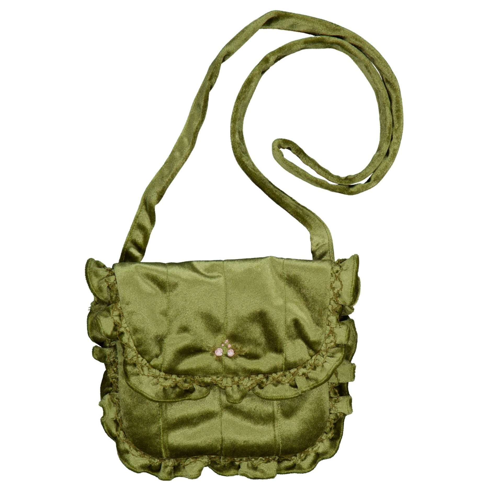 The Kidiwi Mimosa Smocked Shoulder Bag is a small green satin purse with ruffled edges, a long strap, and a flap adorned with three tiny pink beads—featured in our winter 2025 collection.