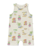 The Baby Mini Coco Jumpsuit by Arsene & Les Pipelettes is a sleeveless romper made from cozy, organic cotton and features a vibrant tropical print with palm trees, boats, fruit stands, and the phrase "Hay cocos frios" on a cream background. Designed with a front pocket and buttoned shoulders for easy changing, this organic cotton jumpsuit keeps your little one comfortable and stylish all day long.