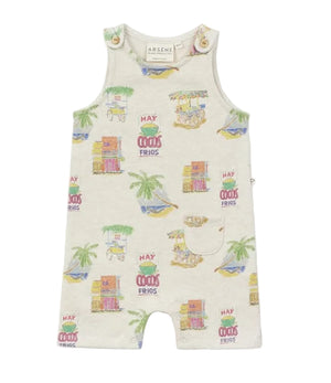 The Baby Mini Coco Jumpsuit by Arsene & Les Pipelettes is a sleeveless romper made from cozy, organic cotton and features a vibrant tropical print with palm trees, boats, fruit stands, and the phrase "Hay cocos frios" on a cream background. Designed with a front pocket and buttoned shoulders for easy changing, this organic cotton jumpsuit keeps your little one comfortable and stylish all day long.