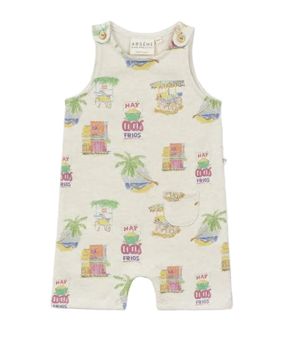 The Baby Mini Coco Jumpsuit by Arsene & Les Pipelettes is a sleeveless romper made from cozy, organic cotton and features a vibrant tropical print with palm trees, boats, fruit stands, and the phrase "Hay cocos frios" on a cream background. Designed with a front pocket and buttoned shoulders for easy changing, this organic cotton jumpsuit keeps your little one comfortable and stylish all day long.