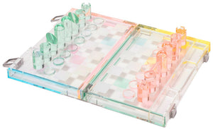 The Sunnylife Mini Lucite Chess and Checkers, Aurora set showcases a luxury game board crafted from elegant Lucite, featuring transparent squares alongside pastel green and pink pieces.