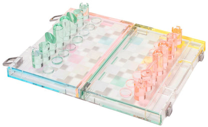 The Sunnylife Mini Lucite Chess and Checkers, Aurora set showcases a luxury game board crafted from elegant Lucite, featuring transparent squares alongside pastel green and pink pieces.