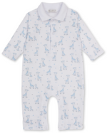 The Kissy Kissy Baby Just Giraffes Printed Playsuit is a white baby onesie featuring long sleeves, a collar, and an adorable blue giraffe print. Made from ultra-soft Pima cotton, this cozy playsuit is displayed laid flat on a white background.
