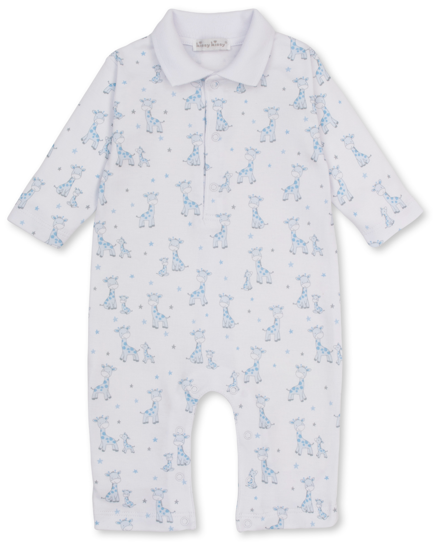The Kissy Kissy Baby Just Giraffes Printed Playsuit is a white baby onesie featuring long sleeves, a collar, and an adorable blue giraffe print. Made from ultra-soft Pima cotton, this cozy playsuit is displayed laid flat on a white background.