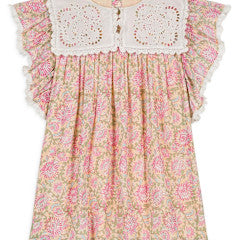 The Girls' Marise Dress by Louise Misha features a charming floral pattern in pink and green with a delicate lace yoke, ruffled sleeves, and is crafted from soft cotton voile.