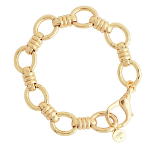 Anabel Aram Neptune Chain Bracelet in 18K gold plate, featuring interlocking circular links with ribbed accents and a lobster clasp closure.