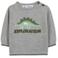 The Tartine et Chocolat Baby Boys’ and Toddler Knitted Sweater is crafted from 100% cotton in gray and features a playful green dinosaur graphic with the phrase “TC EXPLORATEUR” on the front, two buttons on the left shoulder, and green trim on the cuffs and hem.