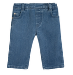 The Tartine et Chocolat Baby Boys’ and Boys’ John Blue Jeans, a classic essential for young adventurers, showcase belt loops, front pockets, and a button detail, displayed flat on a white background.