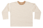 The Rylee & Cru Baby Boys’ and Boys’ Camden Long Sleeve Tee is shown laid flat on a white background. This boxy-fit shirt features beige and brown horizontal stripes, a solid beige crewneck collar, and convenient baby shoulder snaps for easy dressing.