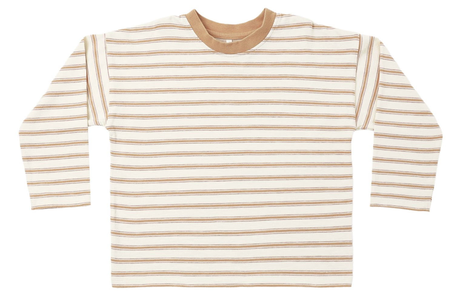 The Rylee & Cru Baby Boys’ and Boys’ Camden Long Sleeve Tee is shown laid flat on a white background. This boxy-fit shirt features beige and brown horizontal stripes, a solid beige crewneck collar, and convenient baby shoulder snaps for easy dressing.