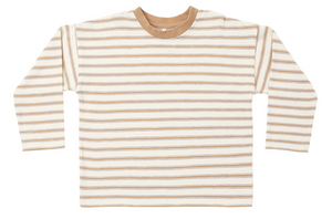 The Rylee & Cru Baby Boys’ and Boys’ Camden Long Sleeve Tee is shown laid flat on a white background. This boxy-fit shirt features beige and brown horizontal stripes, a solid beige crewneck collar, and convenient baby shoulder snaps for easy dressing.