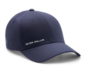 The Peter Millar Pursuit Performance Hat in navy features "PETER MILLAR" embroidered in white on the front, crafted from lightweight performance fabric and finished with an adjustable elastic loop closure for a perfect fit.