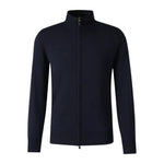 Canali Zippered Mock Neck Sweater in dark navy cashmere, featuring a mock neck, long sleeves, and a full-length front zipper.