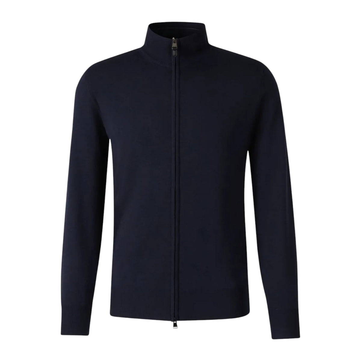 Canali Zippered Mock Neck Sweater in dark navy cashmere, featuring a mock neck, long sleeves, and a full-length front zipper.