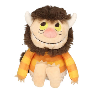 The Kids Preferred Moishe Monster Plush is inspired by "Where the Wild Things Are," featuring a horned creature with brown fur, striped orange shirt, yellow eyes, and a toothy grin—perfect for plush and toy fans.