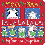 The "Moo, Baa, Fa La La La La!" children's book by Simon & Schuster features a cartoon cow and sheep above, with a goose, cat, and pig singing below, all holding songbooks—perfect for the festive holiday season.