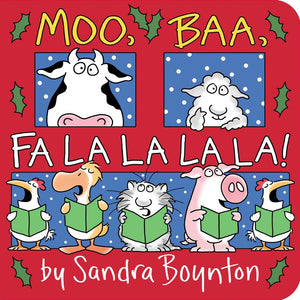 The "Moo, Baa, Fa La La La La!" children's book by Simon & Schuster features a cartoon cow and sheep above, with a goose, cat, and pig singing below, all holding songbooks—perfect for the festive holiday season.