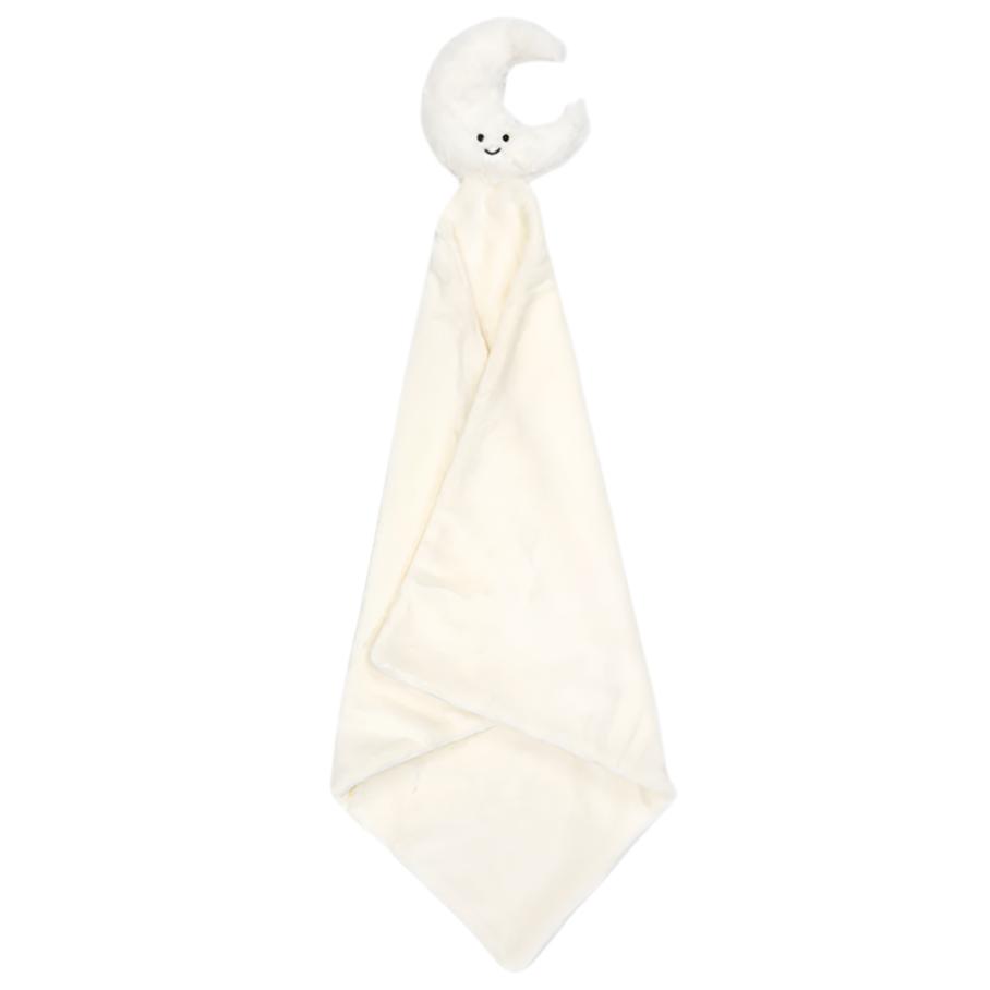 The Jellycat Amuseables Moon Soother by Jellycat is a perfect newborn gift, featuring a soft, white plush blanket made from recycled fibers and adorned with a smiling moon character at the top.