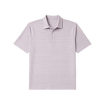 The Faherty Movement Polo, a short-sleeve performance shirt in light purple and white stripes, is laid flat on a white background.