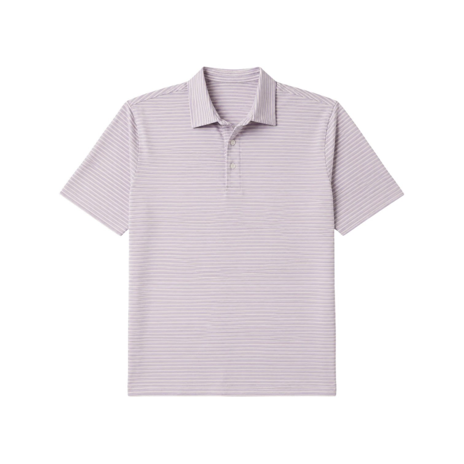 The Faherty Movement Polo, a short-sleeve performance shirt in light purple and white stripes, is laid flat on a white background.
