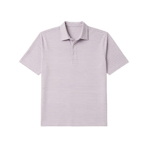 The Faherty Movement Polo, a short-sleeve performance shirt in light purple and white stripes, is laid flat on a white background.