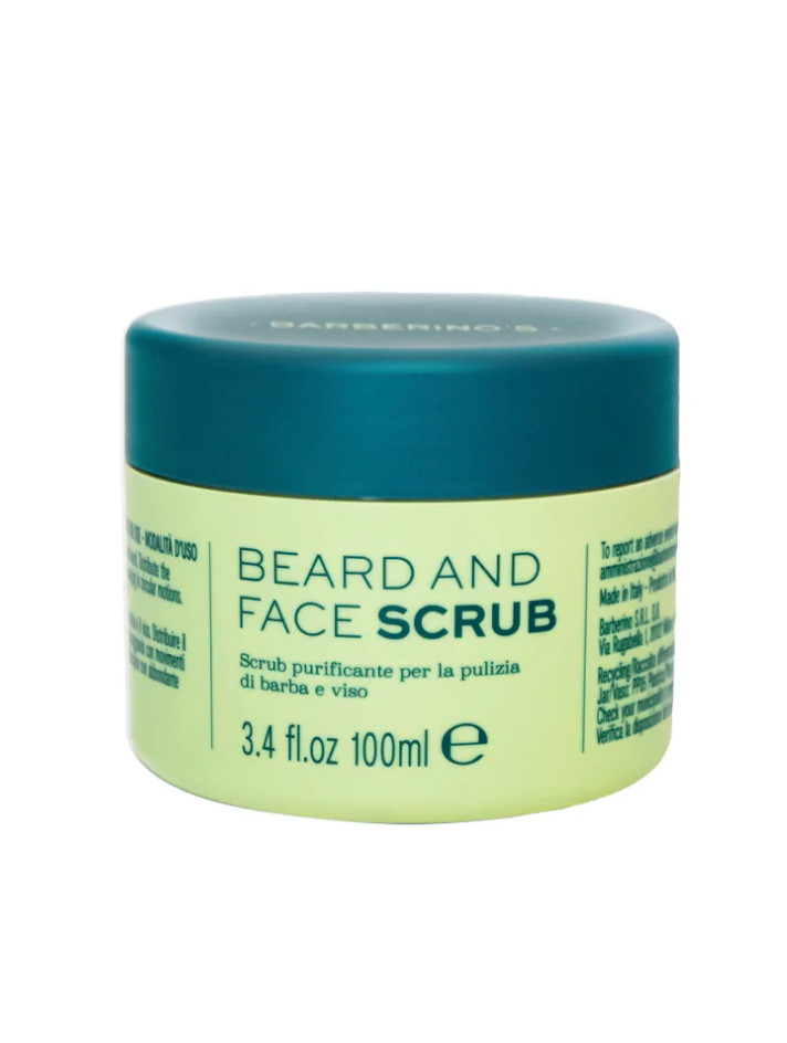 A 100ml jar of Barberino's Beard and Face Scrub with a green lid and light yellow container, labeled in English and Italian—ideal for your grooming routine.