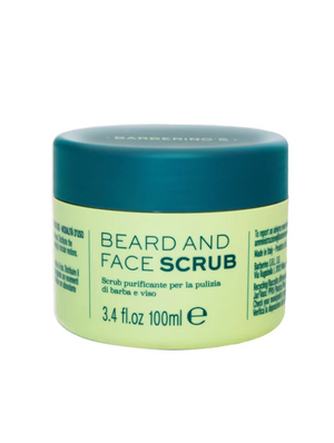 A 100ml jar of Barberino's Beard and Face Scrub with a green lid and light yellow container, labeled in English and Italian—ideal for your grooming routine.