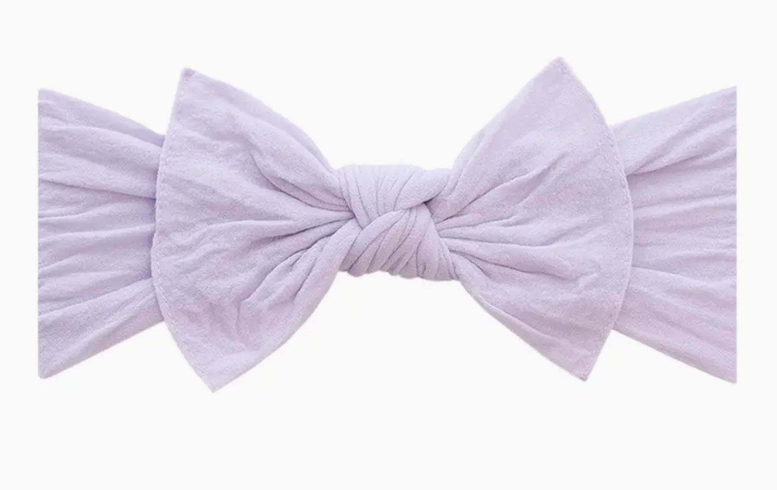 Introducing the Baby Bling Classic Knot Headband, a high-quality light purple fabric bow featuring a beautifully crafted central knot with two symmetrical loops and tails.