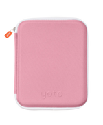 A pink Yoto Card Case by Yoto, featuring a white trim, is shown closed and upright against a plain white background—the ideal accessory to keep your favorite cards organized and protected.