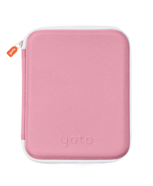 A pink Yoto Card Case by Yoto, featuring a white trim, is shown closed and upright against a plain white background—the ideal accessory to keep your favorite cards organized and protected.