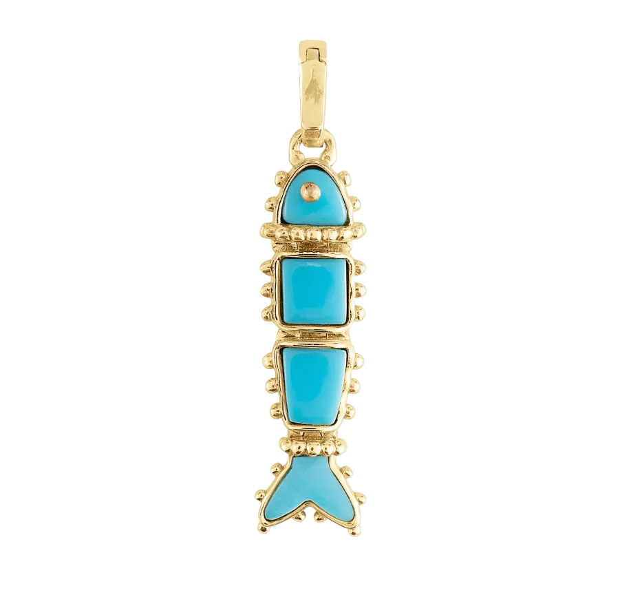 Milos Stone Fish Charm by Anabel Aram, a gold pendant featuring turquoise stone inlays.