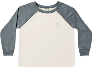 Introducing the Rylee & Cru Boys’ Long Sleeve Raglan Tee, featuring heather gray sleeves and a classic white torso with subtle “PLAY” text on the upper left chest. Made from poly tech fabric, this tee ensures breathable comfort for all-day wear.