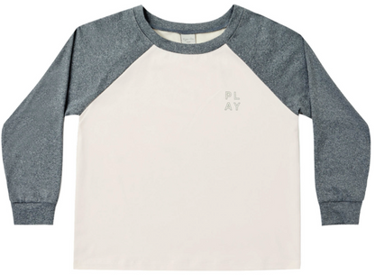 Introducing the Rylee & Cru Boys’ Long Sleeve Raglan Tee, featuring heather gray sleeves and a classic white torso with subtle “PLAY” text on the upper left chest. Made from poly tech fabric, this tee ensures breathable comfort for all-day wear.