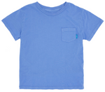 Feather 4 Arrow Baby Boys’ and Boys’ High Tide Pocket Tee in plain blue, featuring short sleeves and a small chest pocket on the left side, laid flat against a white background.