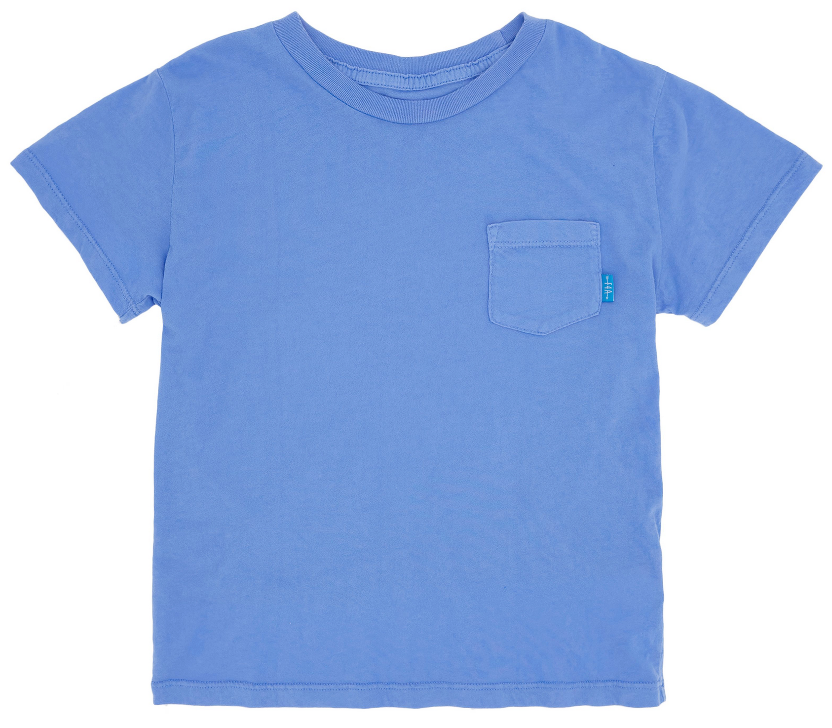 Feather 4 Arrow Baby Boys’ and Boys’ High Tide Pocket Tee in plain blue, featuring short sleeves and a small chest pocket on the left side, laid flat against a white background.