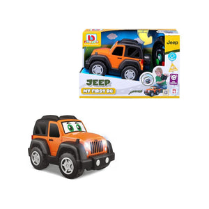Bright orange toy Jeep Wrangler with playful cartoon eyes, displayed both inside and outside its “My First RC” packaging. The box highlights a child at play, features the Maisto brand logo, and includes key product details. Designed for young children, this remote control car offers an easy and fun R/C driving experience. Product name: My First RC Jeep Wrangler by Maisto.