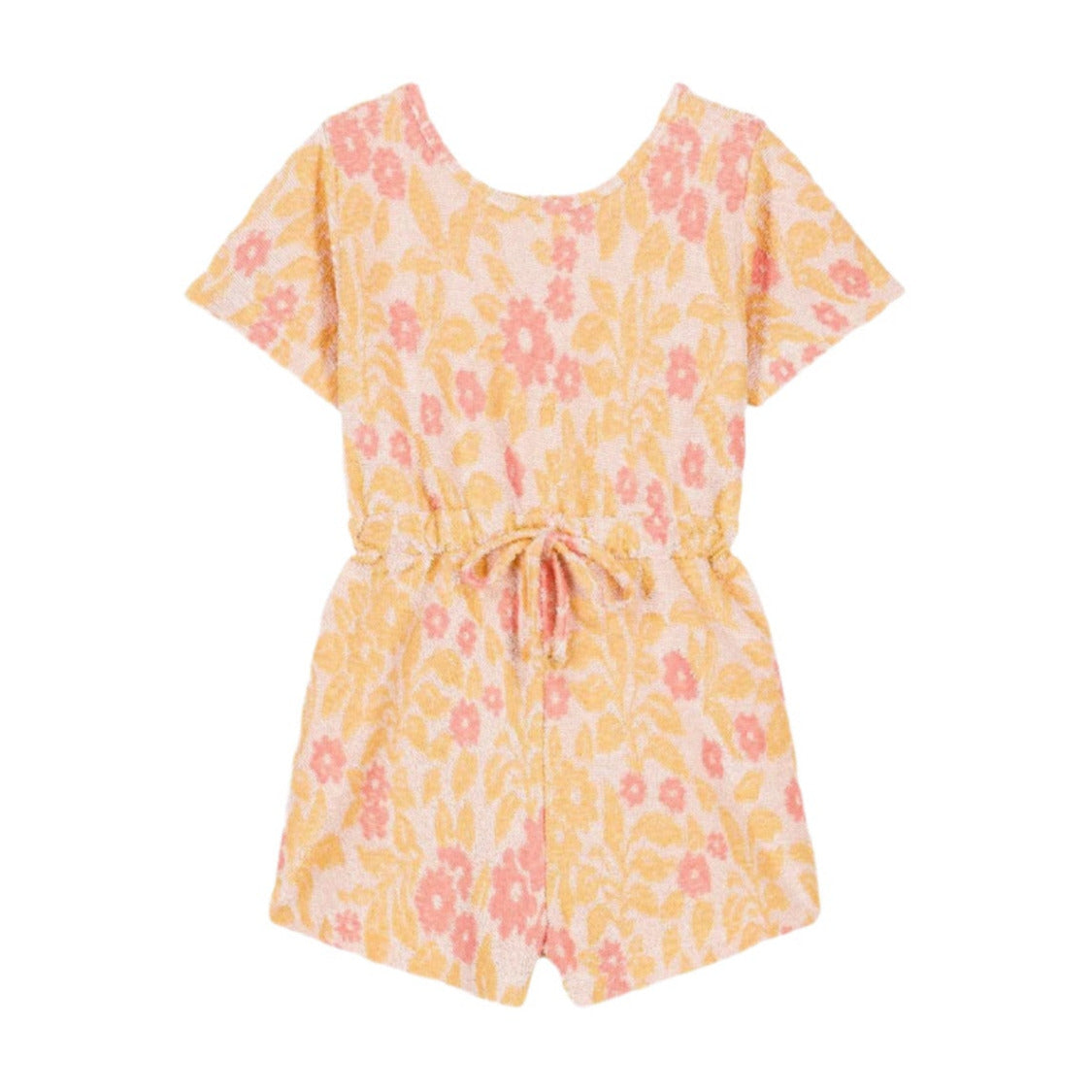 The Louise Misha Chiara Playsuit for baby girls and girls features a pink and yellow floral pattern, short sleeves, and a cinched waist tie, all crafted from luxurious jacquard.