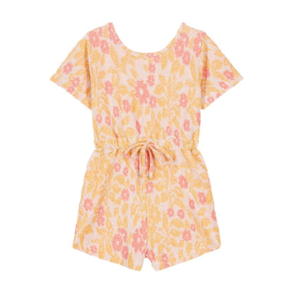 The Louise Misha Chiara Playsuit for baby girls and girls features a pink and yellow floral pattern, short sleeves, and a cinched waist tie, all crafted from luxurious jacquard.