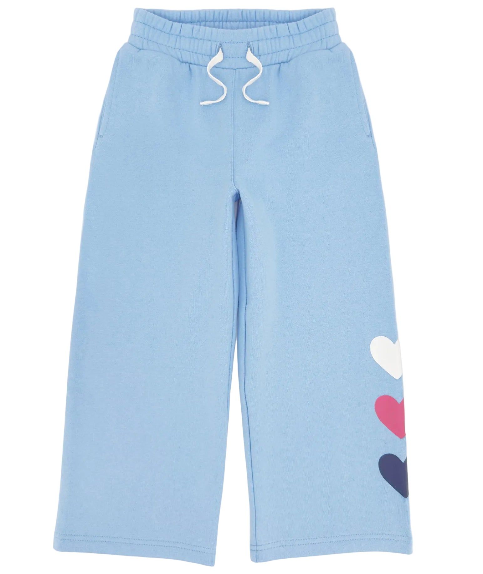 Feather 4 Arrow Girls’ Heart Sweatpant in light blue features a relaxed fit, white drawstrings, and three heart-shaped patches in white, pink, and navy on the lower left leg.