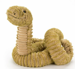 A coiled, plush Jellycat Slither Snake with textured brown fur and a smiling face against a white background.