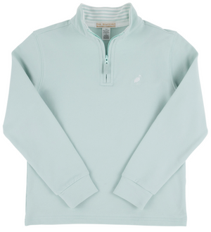 The Beaufort Bonnet Company Baby Boys' and Boys' Hayword Half-Zip in light blue features a stand collar, visible zipper, and small embroidered logo on the left chest, shown laid flat on a white background.