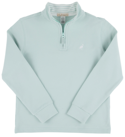 The Beaufort Bonnet Company Baby Boys' and Boys' Hayword Half-Zip in light blue features a stand collar, visible zipper, and small embroidered logo on the left chest, shown laid flat on a white background.