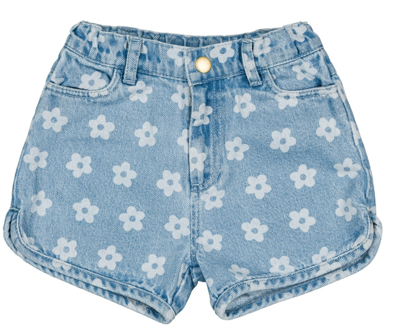 The Girls’ Andrea Denim Floral Short by Louis Louise is crafted in light blue denim with a delightful white daisy print, front pockets, rolled hems, and a cheerful yellow button closure. Photographed on a white background, these versatile girls’ shorts are perfect for sunny days and effortless mix-and-match styling.
