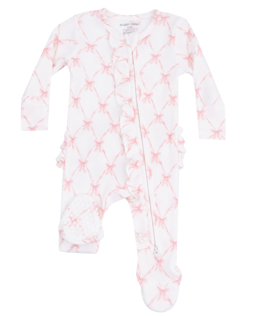 The Angel Dear Baby Girls' 2-Way Ruffle Zipper Footie is a white onesie with pink bows, featuring a 2-way zipper closure and ruffle accents on the chest and legs.