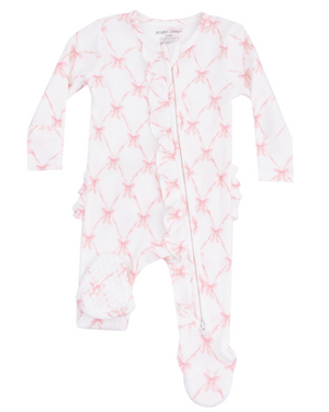 The Angel Dear Baby Girls' 2-Way Ruffle Zipper Footie is a white onesie with pink bows, featuring a 2-way zipper closure and ruffle accents on the chest and legs.