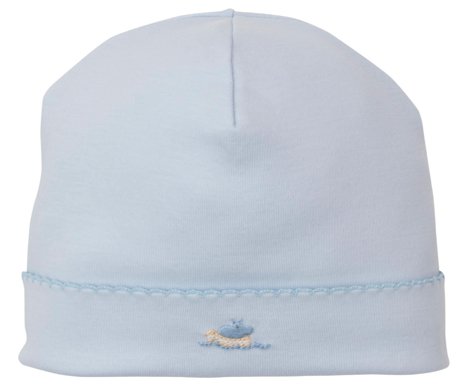 The Kissy Kissy Premier Noah's Ark Hat with Hand Emb. is a light blue Pima cotton baby hat featuring soft fabric and a hand-embroidered blue and yellow duck near the brim, part of the charming Noah's Ark Collection.
